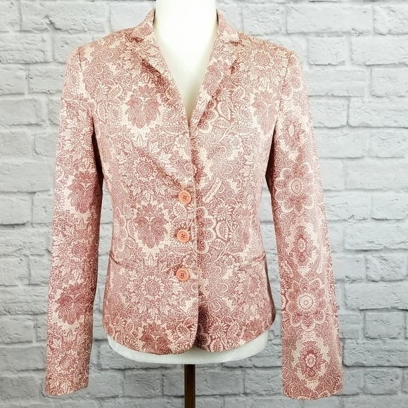 Moschino Jeans cream red floral paisley 3 button front blazer women's size 10 - Picture 3 of 9